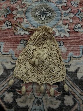 Beige Crochet Drawstring Mini Bag